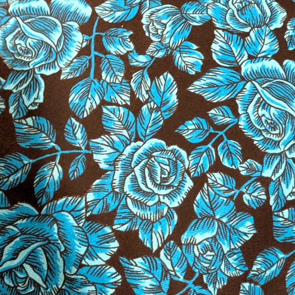 Vintage Aqua Blue and Black Large Rose Floral Fabric‎
